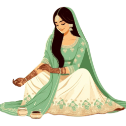 Indian bride applying Mehendi during the Mehendi ceremony, with intricate designs