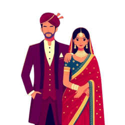 Indian groom and bride in traditional attire during their wedding reception, welcoming guests