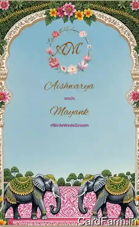 Wedding invitation page of an Indian wedding card. Beautiful night time with flowers, lamps and starry background. Text describing Wedding Ceremony from 8pm in Orchid Gardena, Pune.