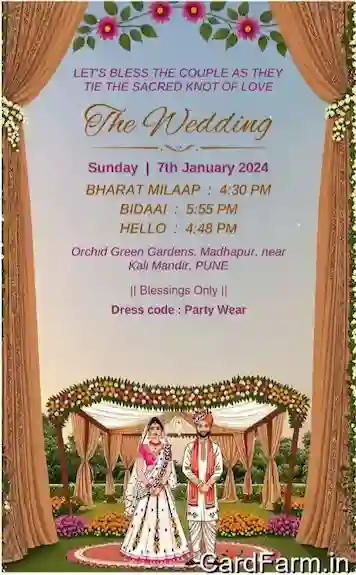 Sangeet invitation page of an Indian wedding card. Beautiful night time with designer background. Text describing Sangeet Ceremony from 7pm