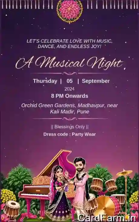 Indian wedding card with flowers, fountains and peacocks on a beautiful background. With Bride and Groom invitation and their wedding hashtag #BrideWedsGroom. Designed by cardfarm